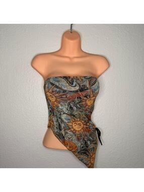 New Multicoloured strapless asymmetrical tube top with sun design